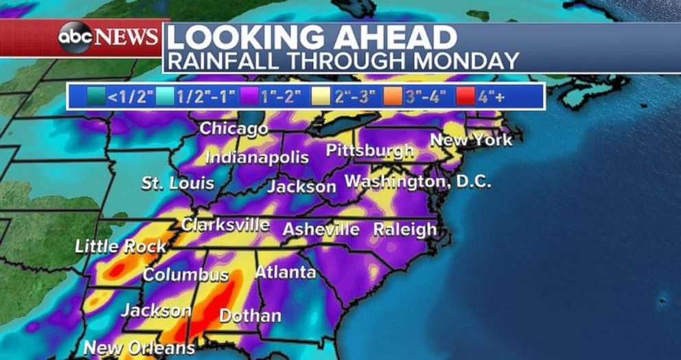 Louisiana, Mississippi and Alabama will receive the heaviest rainfall by the time the storms move out of the South on Monday.