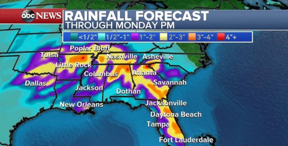 Rainfall totals through Monday are expected to be heaviest in the Tennessee River Valley. 