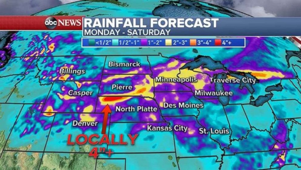 Rainfall in the Northern Plains will be heaviest in northern Nebraska.