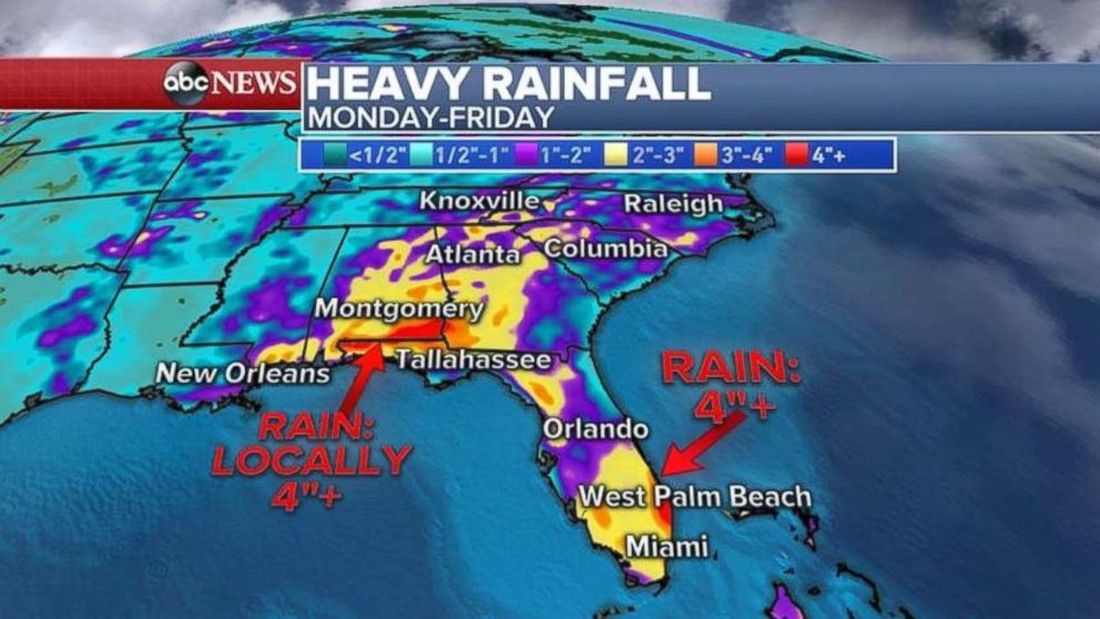 Southern Florida and the Panhandle will receive the heaviest rainfall totals this week.