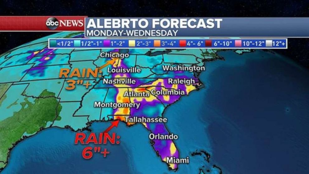 Rainfall totals will be highest in the Southeast, but areas of the Midwest could also see over 3 inches.