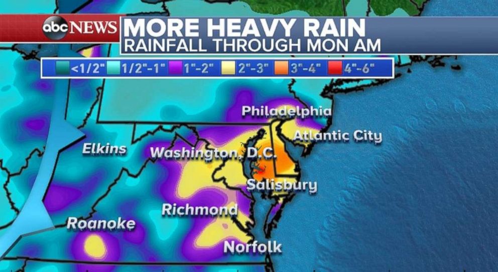 Rainfall will be heaviest in the area of Washington, D.C. through Monday.