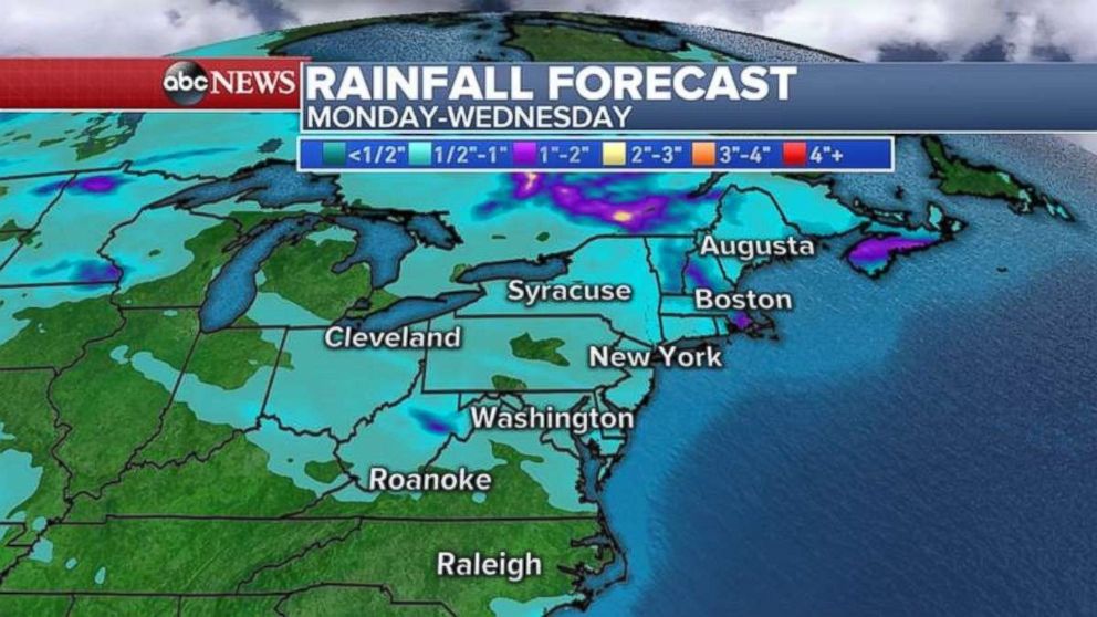 Rainfall totals to start the week will be mostly under 1 inch across the Northeast.