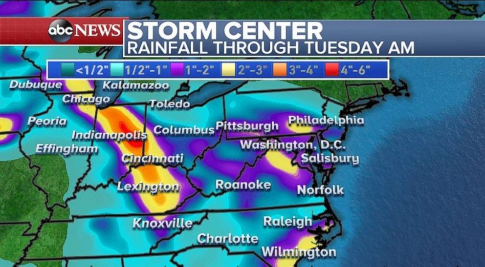 Rainfall rates will be heaviest in Indiana, southwest Ohio and eastern Kentucky through Tuesday.