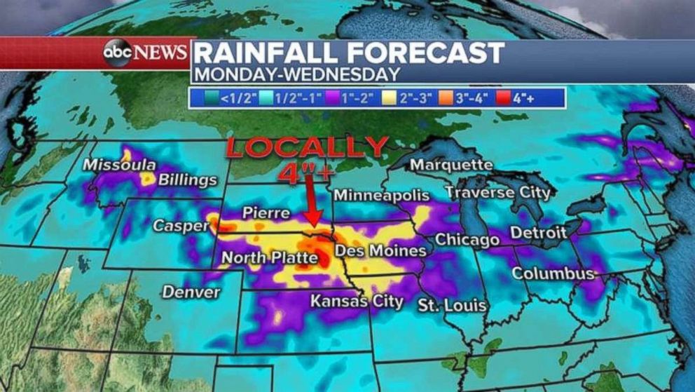 Heavy rain is expected in Nebraska and Iowa to start the week.