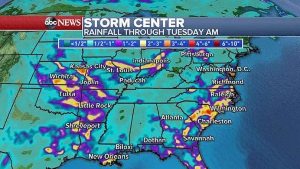 The Southeast, especially the Carolinas, will see heavy rainfall on Sunday and Monday.