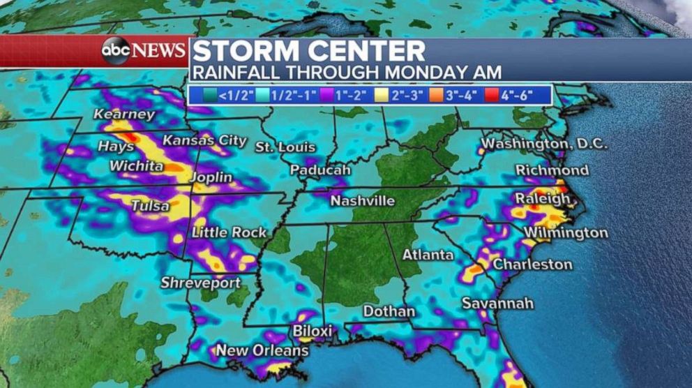 Rainfall totals through the weekend will be highest in the Plains and Carolinas.