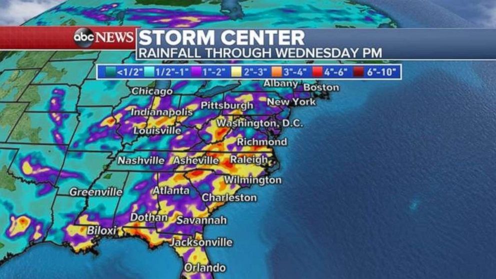 Rainfall will be 2 to 3 inches or more across much of the Southeast through Wednesday.