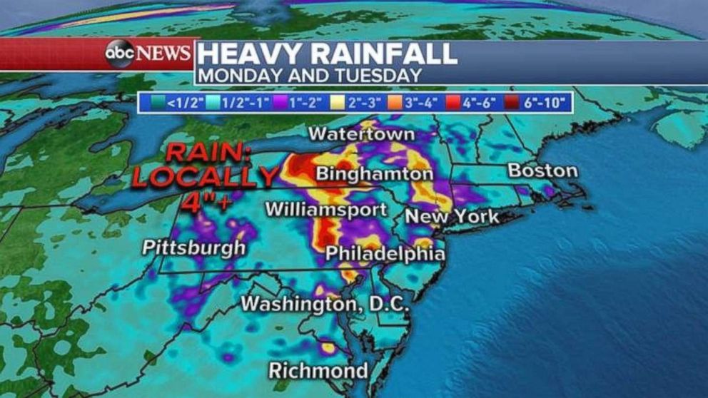 Rainfall totals will be highest in Pennsylvania and western New York.