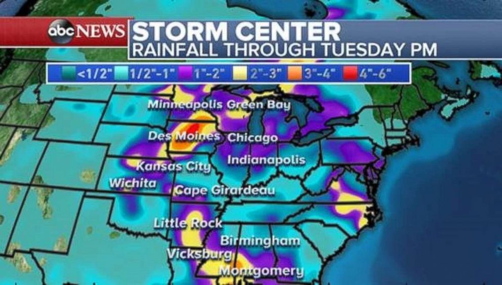 The heaviest rainfall totals through Tuesday will come in Iowa, Arkansas and southern Mississippi.