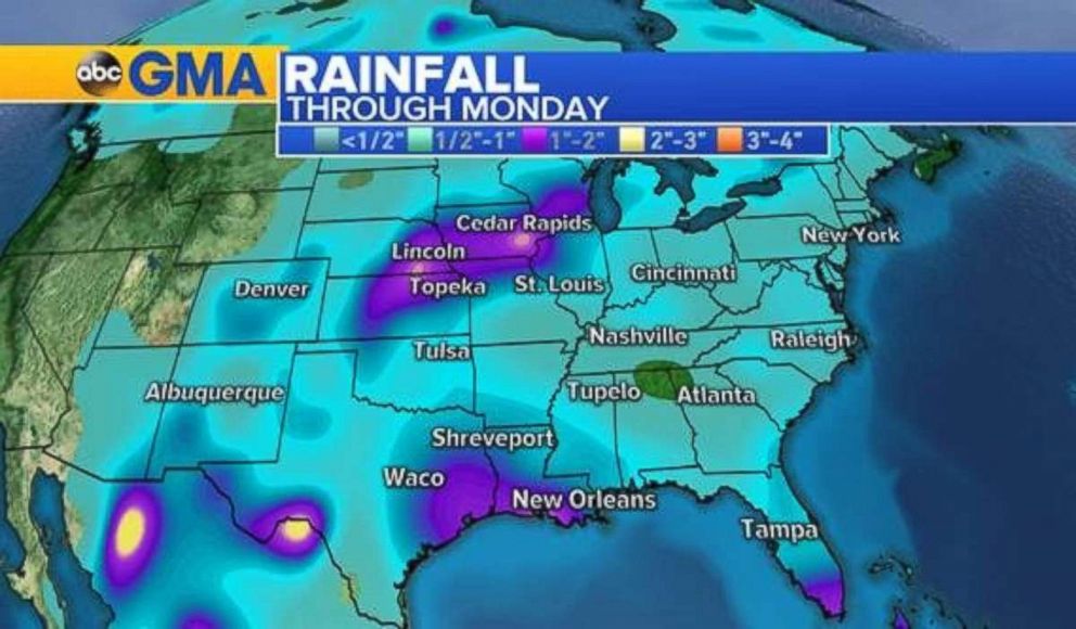 Rain will be heaviest in on the Gulf Coast and through the central U.S.