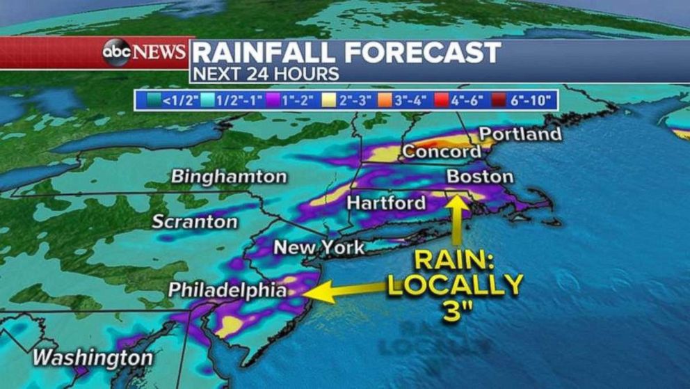 PHOTO: There could be 3 inches of rain locally in New England and New Jersey.