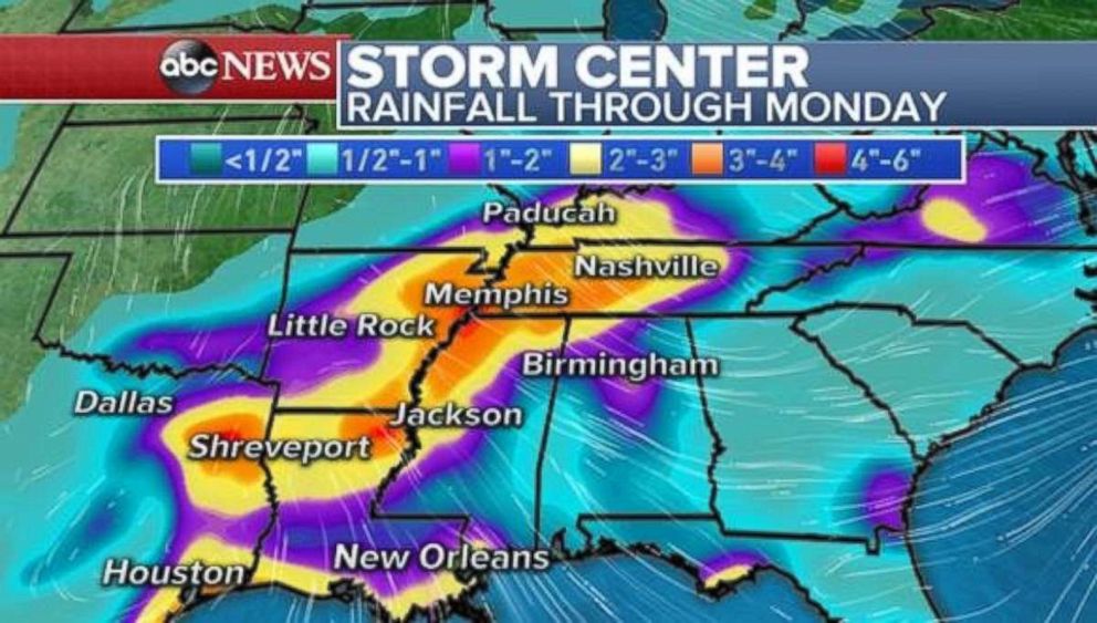 PHOTO: Rainfall in part of the South could total 3 inches locally through Monday.