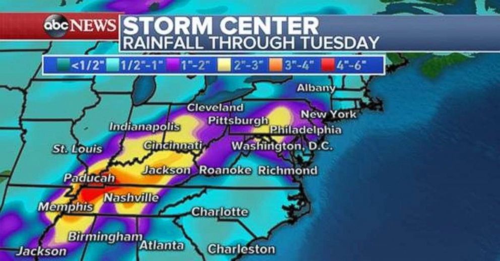 PHOTO: Rainfall totals could be as much as 3 or 4 inches locally, especially in western Tennessee and Kentucky, through Tuesday.