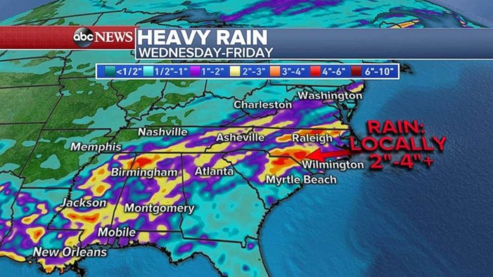 PHOTO: Rainfall could reach 2 to 4 inches in the Carolinas, where rivers already overflow on their shores.