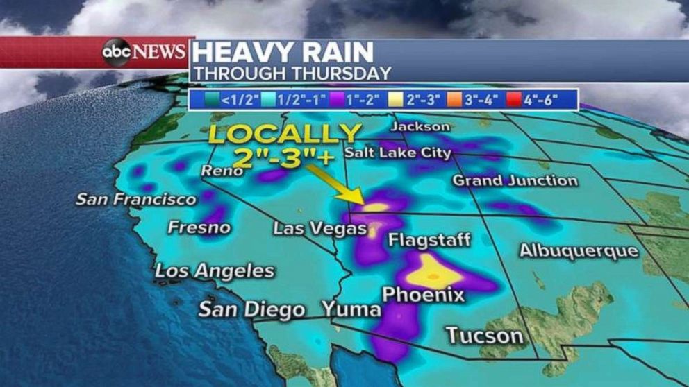 PHOTO: Rainfall totals will be 2 to 3 inches locally in Arizona and southwest Utah.