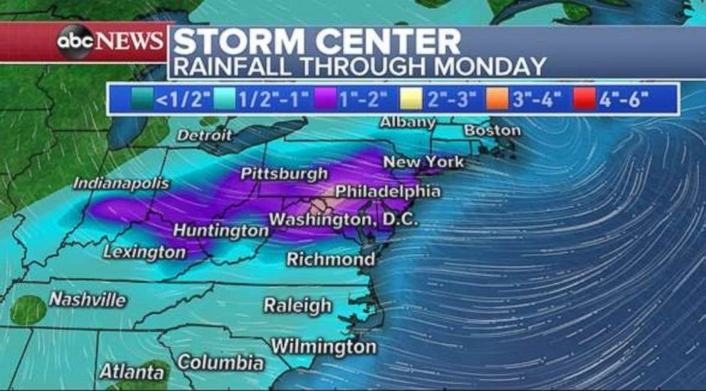 PHOTO: Rainfall totals in the mid-Atlantic will be in the 1 to 2 inch range through Monday.