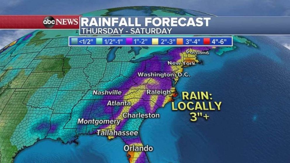 PHOTO: Rain could be over 3 inches locally in places along the East Coast.