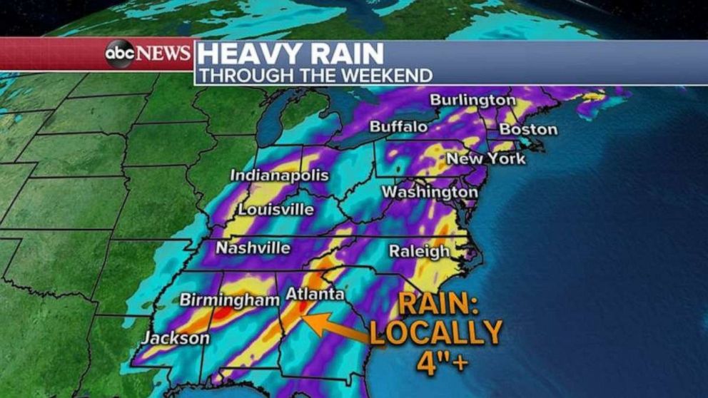 PHOTO: Over 4 inches of rain is possible in the Birmingham, Ala.; Jackson, Miss.; and Atlanta through the weekend.