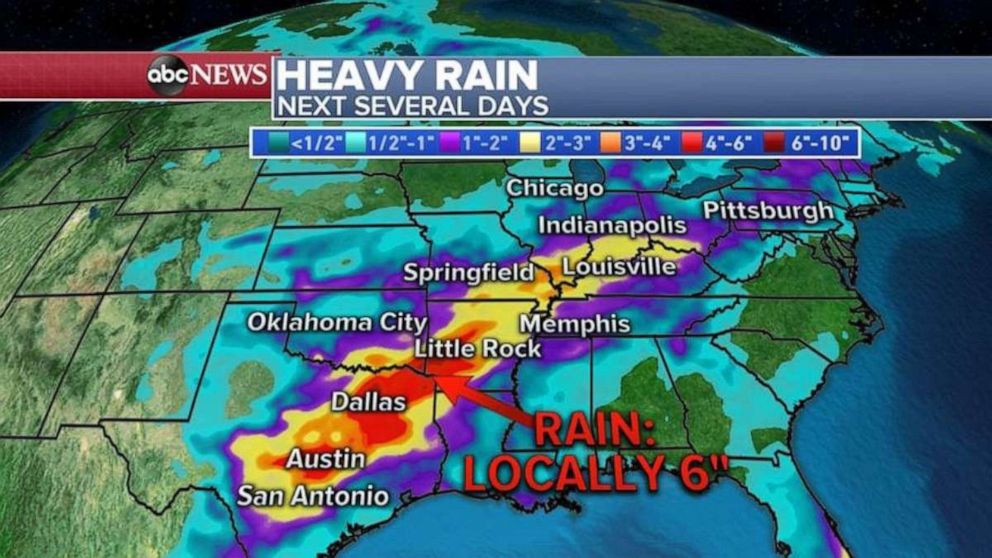 PHOTO: Areas of central Texas, through Arkansas, could see as much as 6 inches of rain this week.