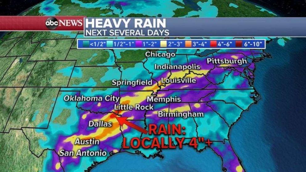 PHOTO: The highest rainfall will be recorded in northeastern Texas and in Arkansas.