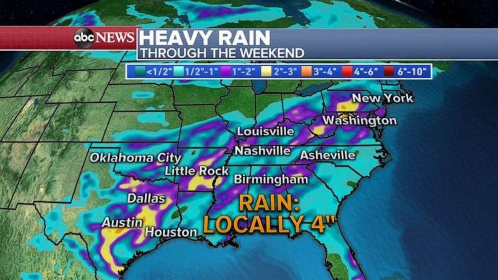 PHOTO: Rainfall totals could reach 4 inches locally in parts of the South through the weekend.