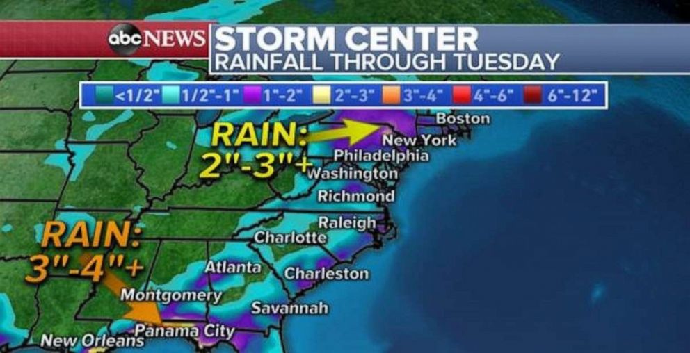PHOTO: The highest rainfall totals will be in the Florida Panhanle and interior Northeast through Tuesday.
