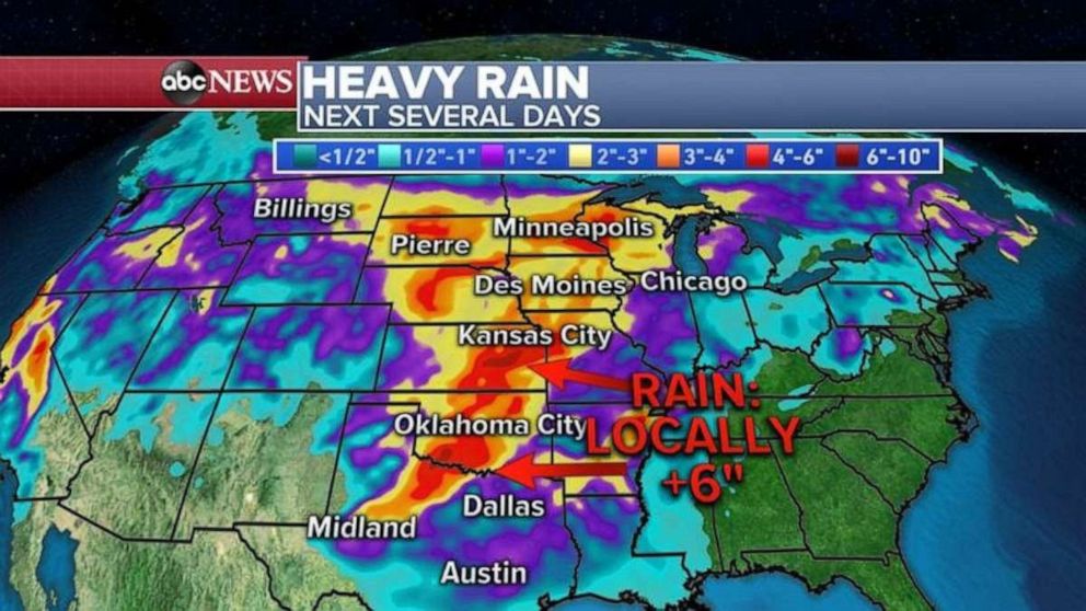 PHOTO: The highest rainfall totals through the weekend will be in northern Texas, Oklahoma, Kansas, Nebraska and the Dakotas.