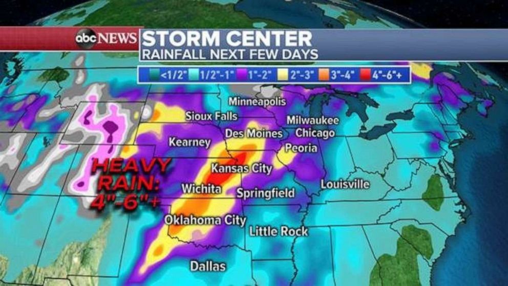 PHOTO: The highest rainfall totals will be through central Oklahoma, eastern Kansas and northwest Missouri.
