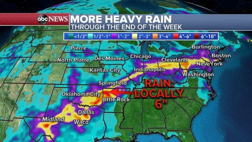 PHOTO: The highest rainfall totals will come in Texas and northern Arkansas over the next few days.