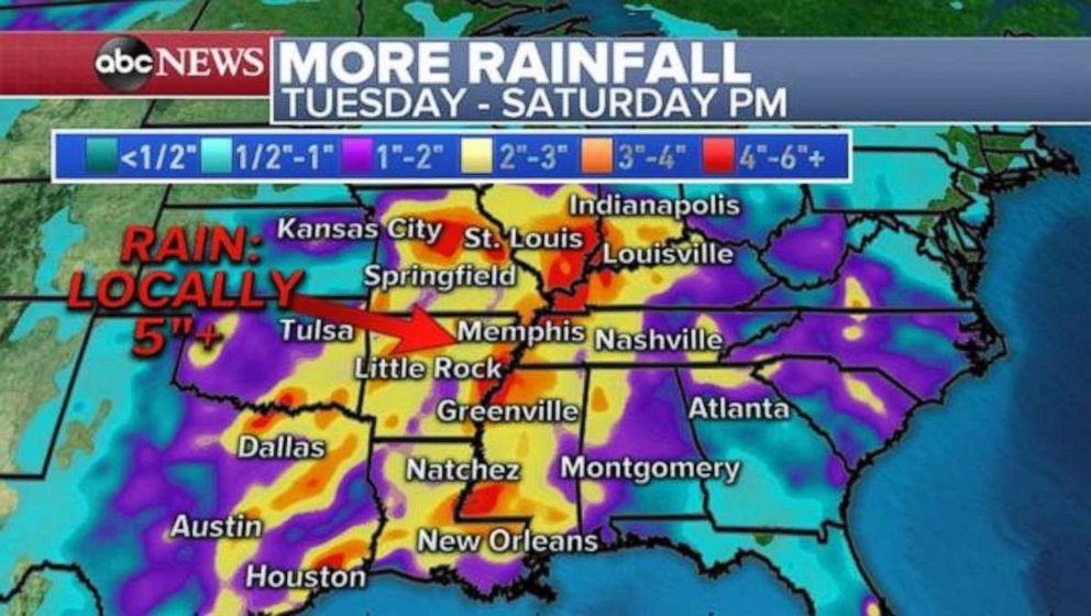 PHOTO: Heavy rainfall later this week could trigger more flooding along the Mississippi and Arkansas rivers.