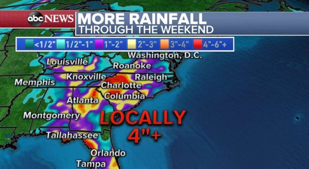 PHOTO: Four inches of rain or more are possible across the Southeast through the weekend.