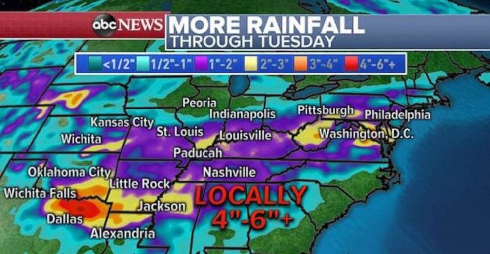PHOTO: Rainfall totals could be half a foot or more locally in parts of northeast Texas through Tuesday.