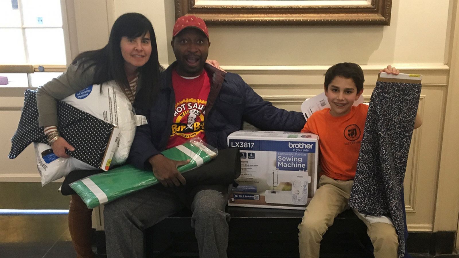 PHOTO: Cortney Dargaj and her son Gio Dargaj, 10, received a sewing machine from Ricky Smith to help with Gio's project of making pillows for the homeless.