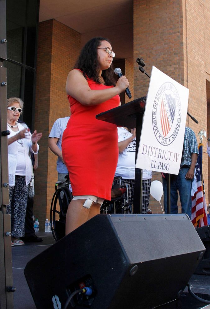 PHOTO: Jessica Coca Garcia stands in front of her wheelchair addressing the crowd at the League of United Latin American Citizens' "March for a United America" Aug. 10, 2019, in El Paso, Texas. Garcia and her husband were injured during the mass shooting.