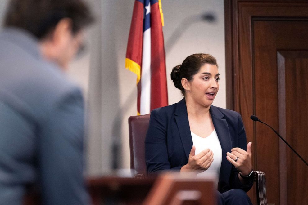 PHOTO: Glynn County police Sgt. Sheila Ramos testifies during the trial of William "Roddie" Bryan, Travis McMichael and Gregory McMichael, charged with the 2020 death of Ahmaud Arbery, at the Glynn County Courthouse, in Brunswick, Ga, Nov. 8, 2021.