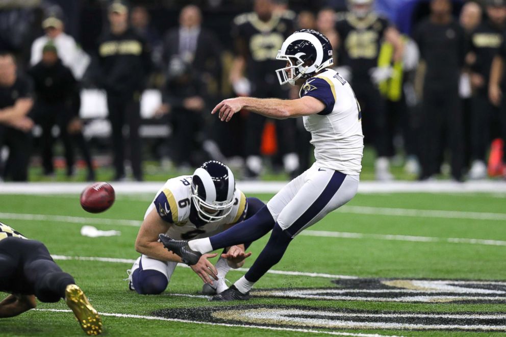 PHOTO: Greg Zuerlein #4 of the Los Angeles Rams celebrates after kicking the game winning field goal in overtime against the New Orleans Saints in the NFC Championship game at the Mercedes-Benz Superdome, Jan. 20, 2019, in New Orleans.