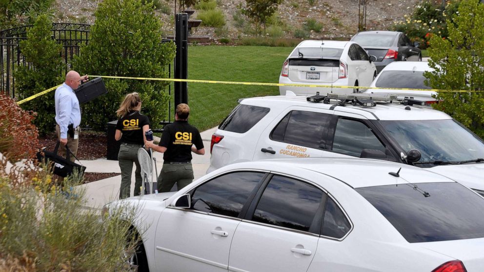 PHOTO: San Bernardino County Sheriff Scientific Investigators prepare to gather evidence following an early morning fatal stabbing in Rancho Cucamonga, Calif., on Sept. 16, 2019.