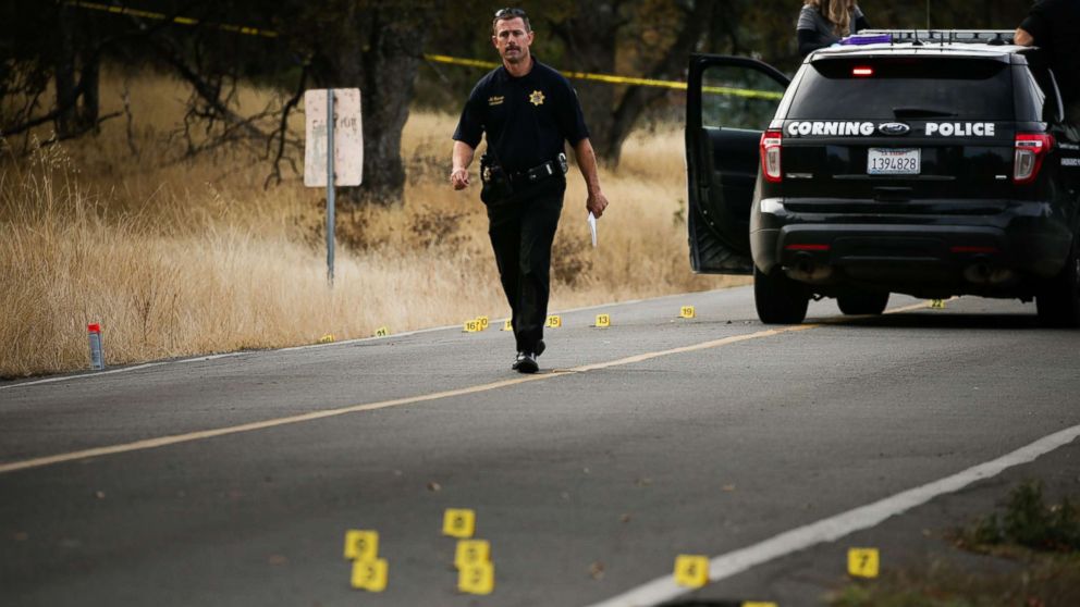 A law enforcement officer is seen at one of many crime scenes after a shooting on Nov. 14, 2017, in Rancho Tehama, Calif.