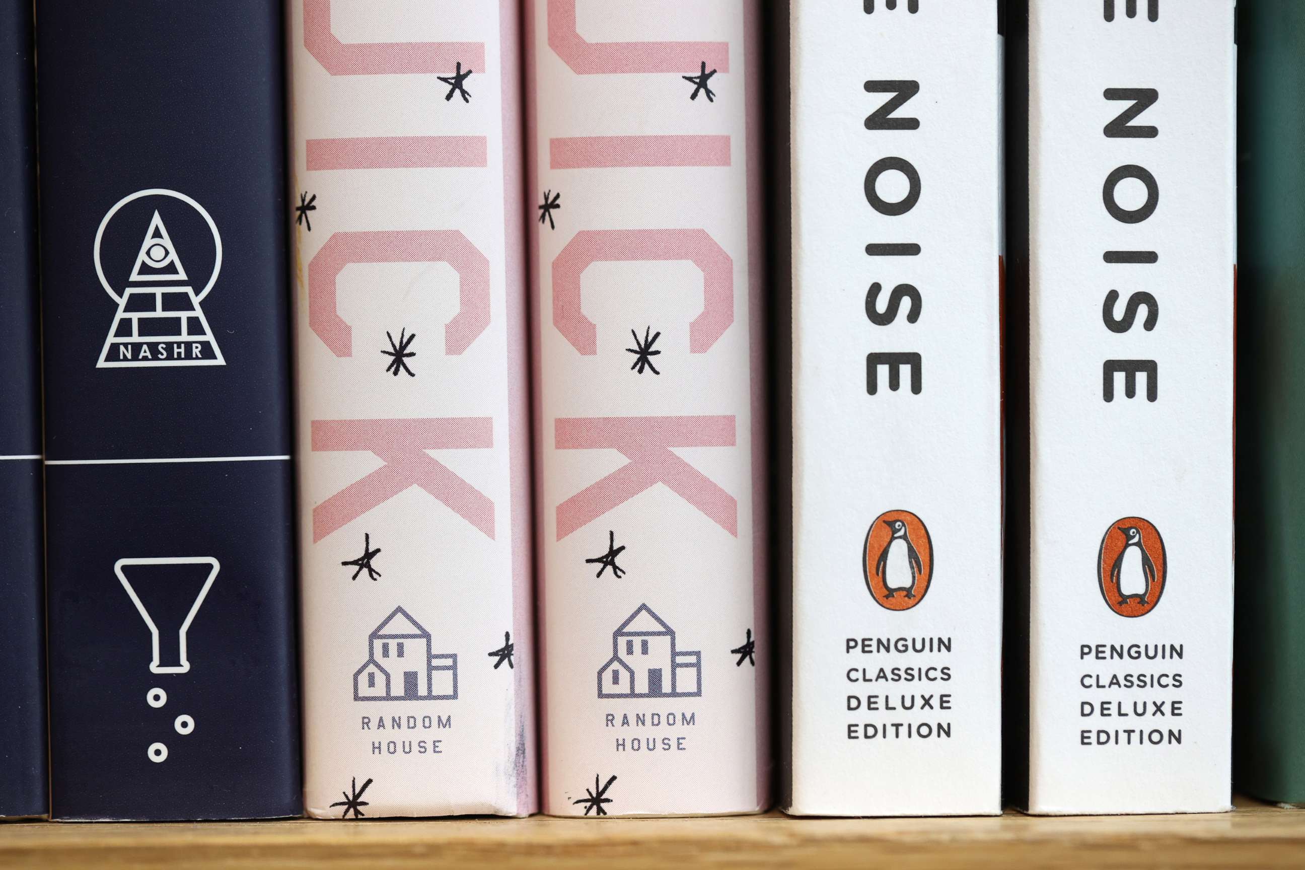 PHOTO: The Penguin and Random House logos are visible on the spines of books displayed on a shelf at Book Passage on Nov. 2, 2021 in Corte Madera, Calif.