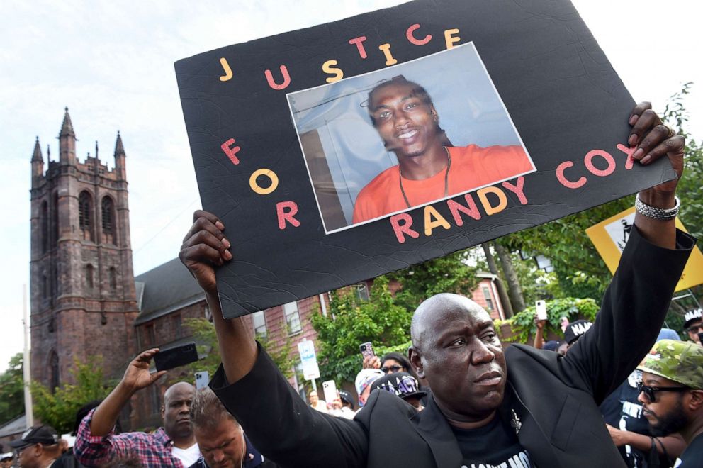 PHOTO: Civil rights attorney Benjamin Crump takes part in a march for Justice for Richard "Randy" Cox from the Stetson Library to the New Haven Police Department on July 8, 2022, in New Haven, Conn.
