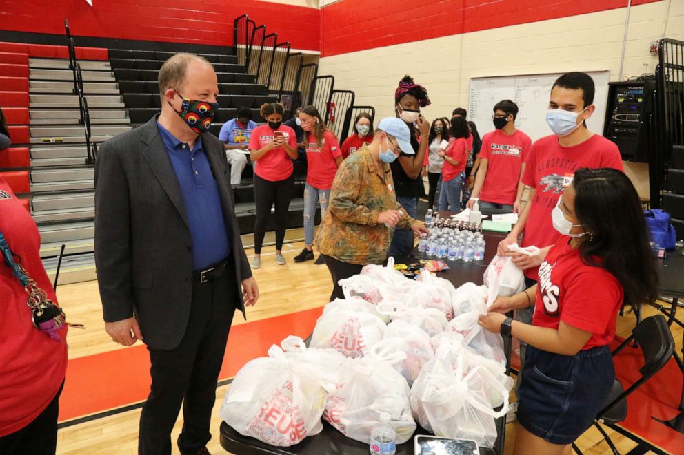 PHOTO: A view of the Rangeview High School vaccine clinic held on May 1, 2021. in Aurora, Colorado where Gov. Jared Polis spoke with patients getting shots.