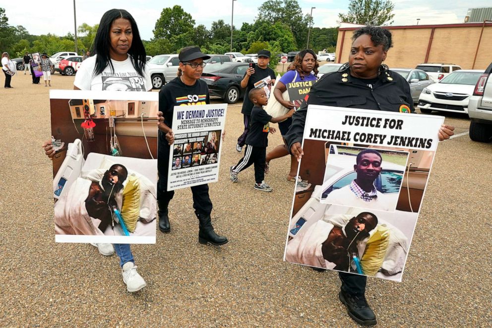 PHOTO: Local organizations and anti-police brutality activists march towards the Rankin County Sheriff's Office in Brandon, Miss., on July 5, 2023.