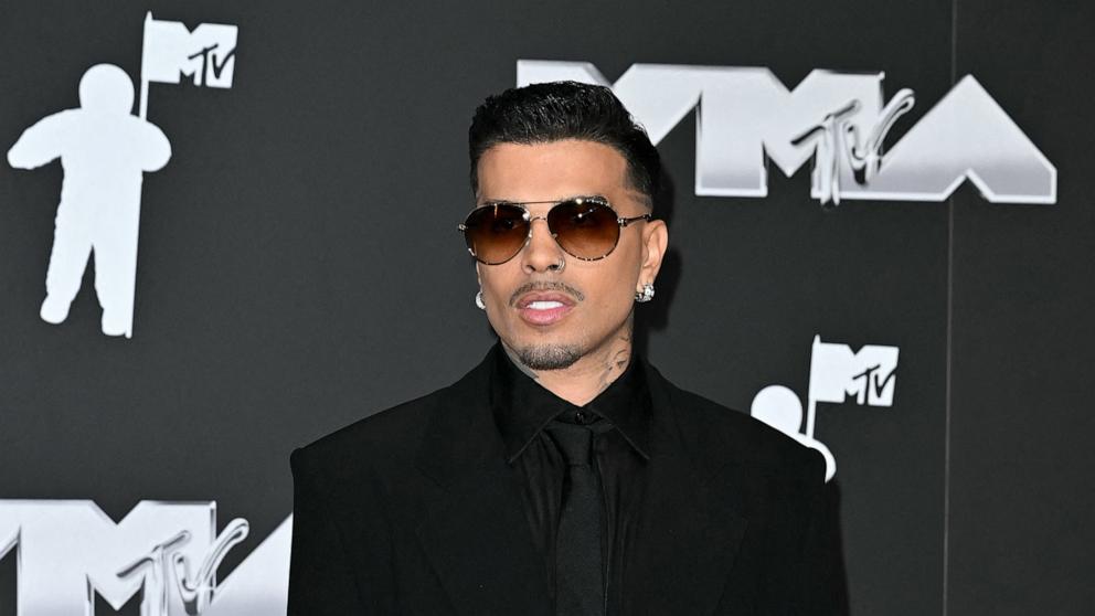 PHOTO: Puerto Rican singer Rauw Alejandro arrives to attend the MTV Video Music Awards at UBS Arena in Elmont, New York, on Sept. 11, 2024. 