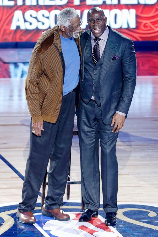 PHOTO: Former NBA players Bill Russell and Earvin "Magic" Johnson Jr. are honored during the 2017 NBA All-Star Game in New Orleans, La., Feb. 19, 2017.