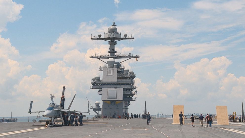 PHOTO: On the flight deck of the U.S.S. Gerald R. Ford, a new aircraft carrier with a 21st-century design and a big price tag.
