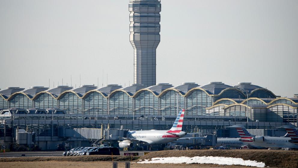 PHOTO: The control tower at the Reagan National Airport after the crash of an American Airlines plane on the Potomac River on approach to the airport on January 30, 2025 in Arlington, Virginia.