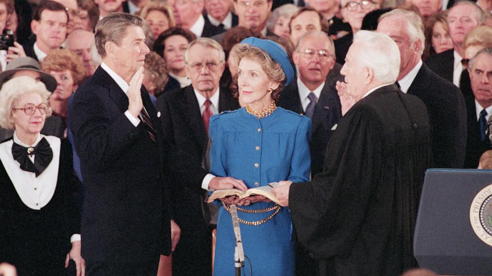 PHOTO: President Reagan is sworn in by Chief Justice Warren Burger in the Capitol Rotunda in a public inauguration ceremony, Jan. 20, 1985, in Washington.