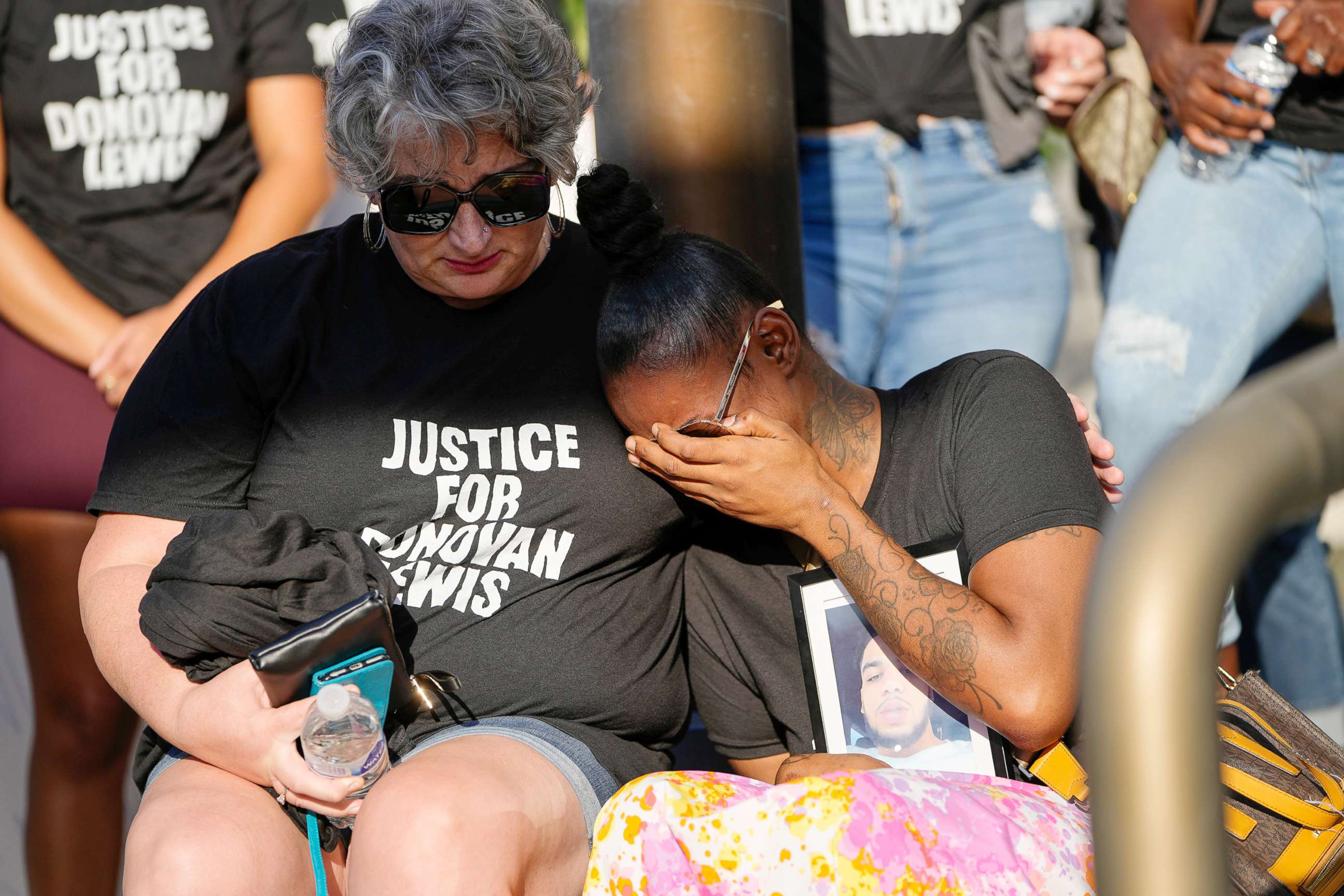 PHOTO: In this Sept. 2, 2022, file photo, Rebecca Duran, mother of Donovan Lewis sits with protesters outside Division of Police headquarters in Columbus, Ohio.