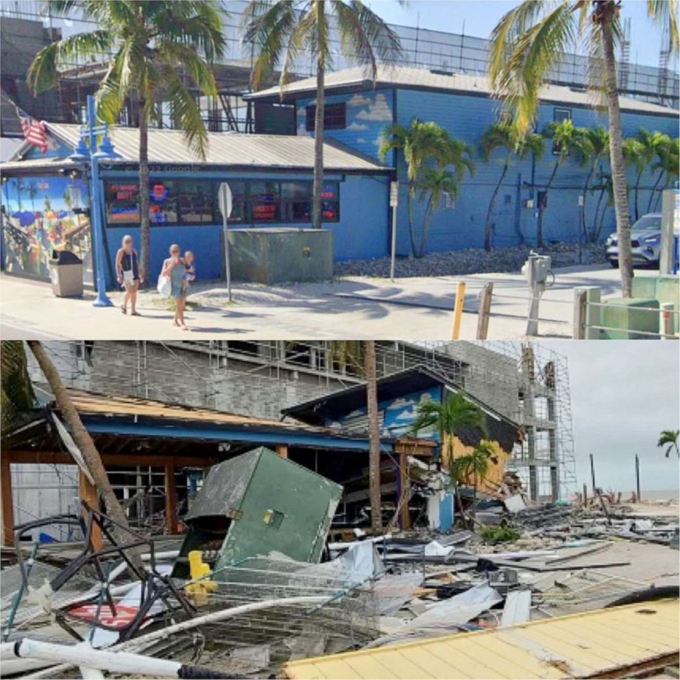 PHOTO: The Salty Crab Bar & Grill is pictured before and after the passage of Hurricane Ian in Fort Myers, Fla., in an undated composited photos.